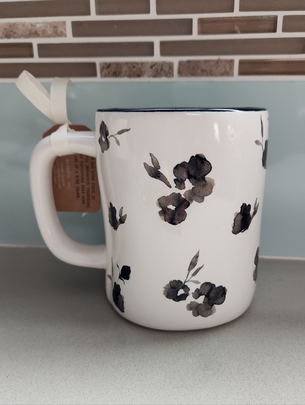 Rae Dunn White and Black Flower Floral "TEA" 16 OZ Mug -WHITE **NEW - Picture 2 of 7
